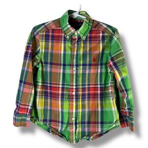 Ralph Lauren Boys Size 3T Plaid Button Down Long Sleeve‎ Shirt Preppy Red Pony